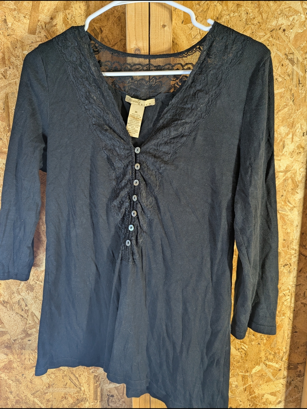 Womens Lace-Trim V-Neck Button Front Long Sleeve Top - Black